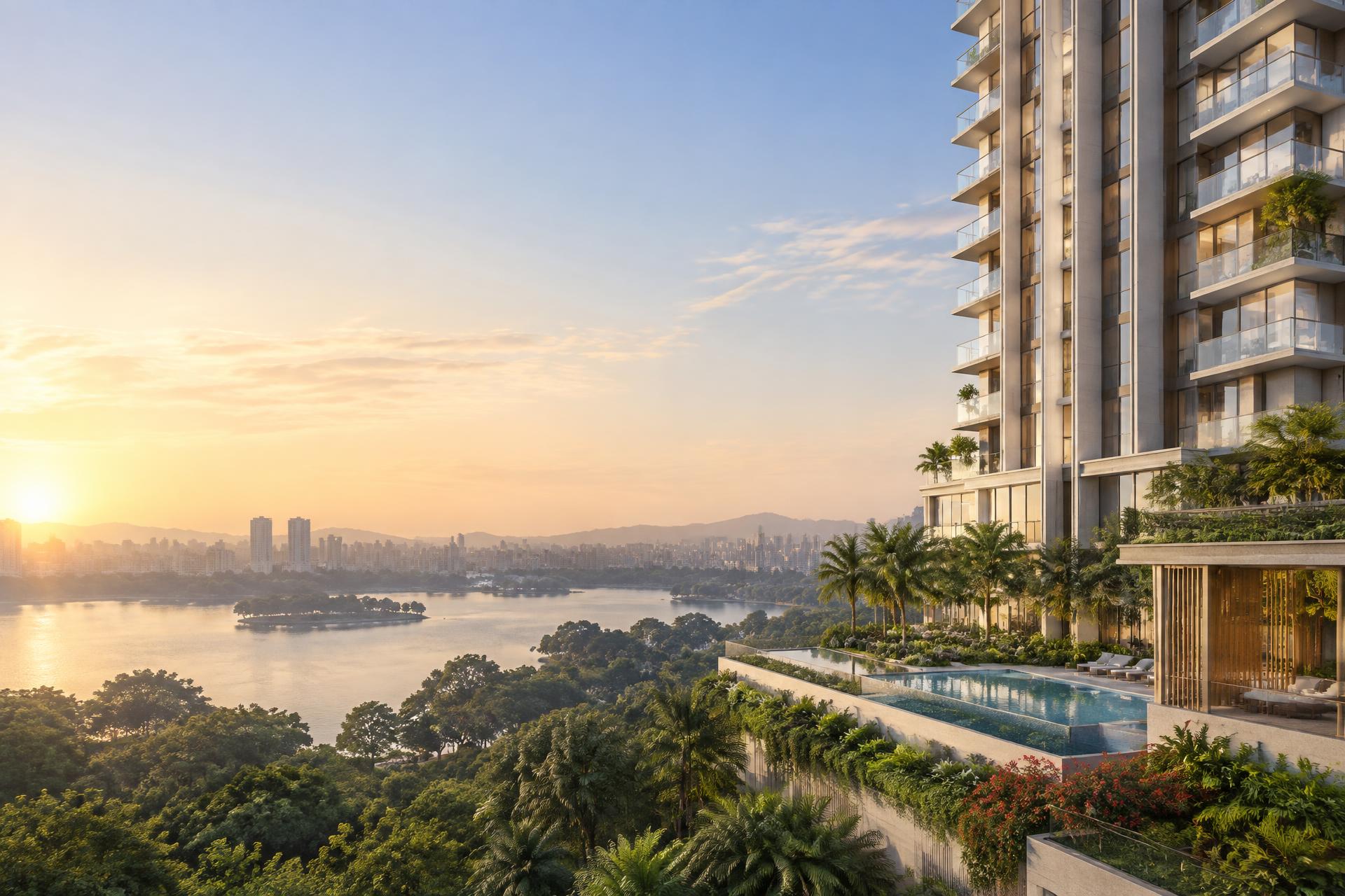 Conceptual visualization of a contemporary residential tower overlooking Powai